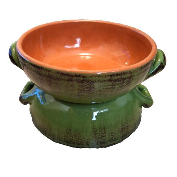 2 De Silva Pottery Terra Cotta Soup Bowl Green Orange Twist Handle 5 1/2" - Picture 6 of 7